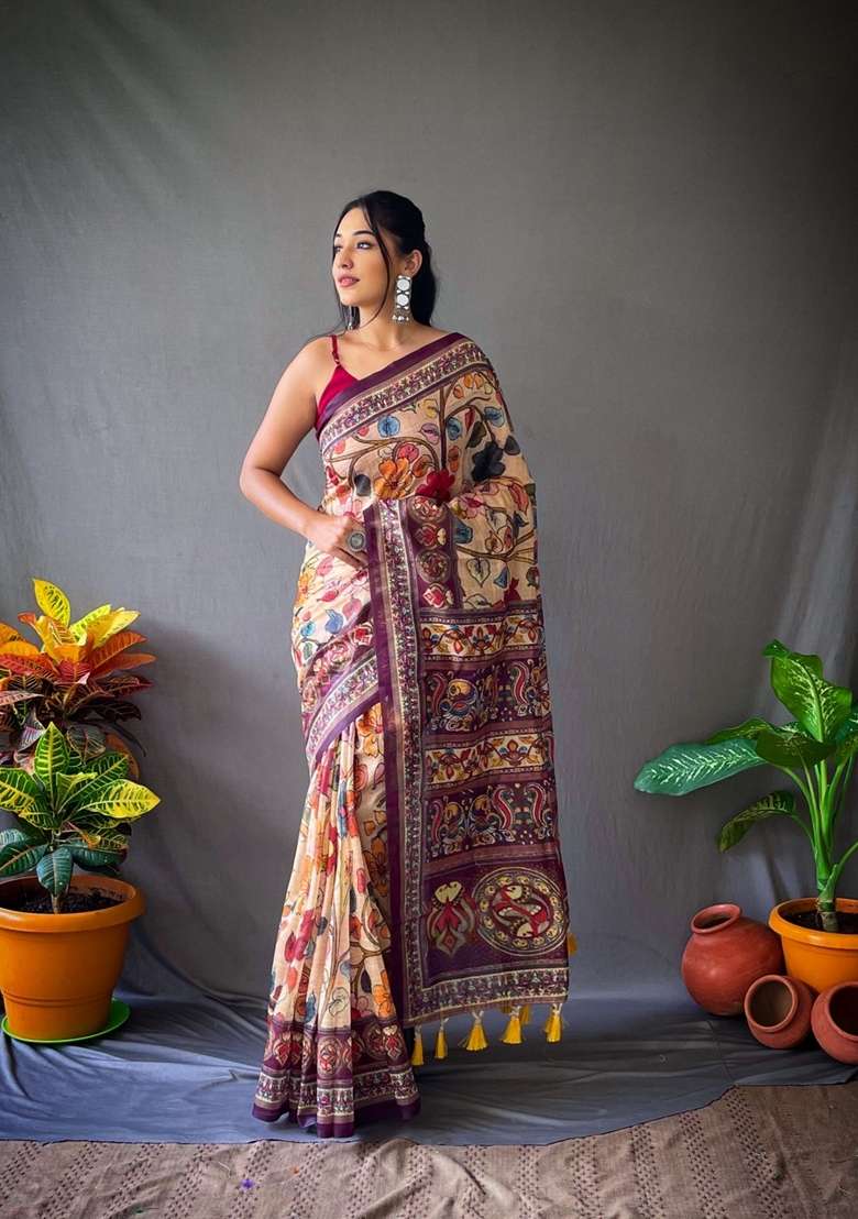Cream Silk Blend Saree Set with Zari Work for Diwali | Wedding & Festive Wear - Indya