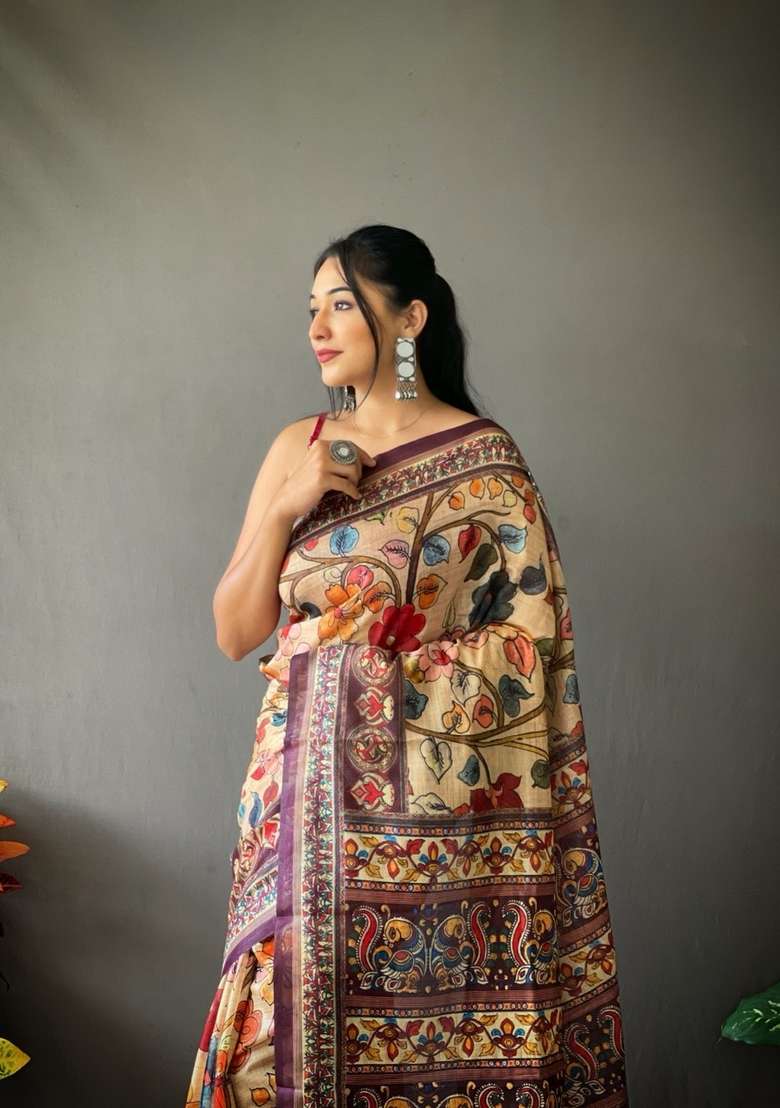 Cream Silk Blend Saree Set with Zari Work for Diwali | Wedding & Festive Wear - Indya