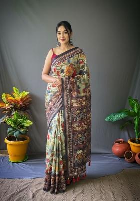 Rama Green Zari Work Silk Blend Saree Set