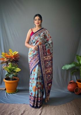 Sky Blue Zari Work Silk Blend Saree Set