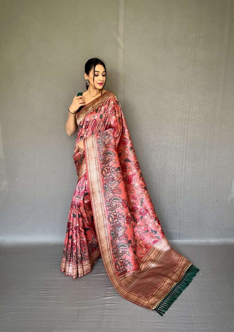 Baby Pink Zari Work Silk Blend Saree Set for Diwali and Festive Wear - Indya