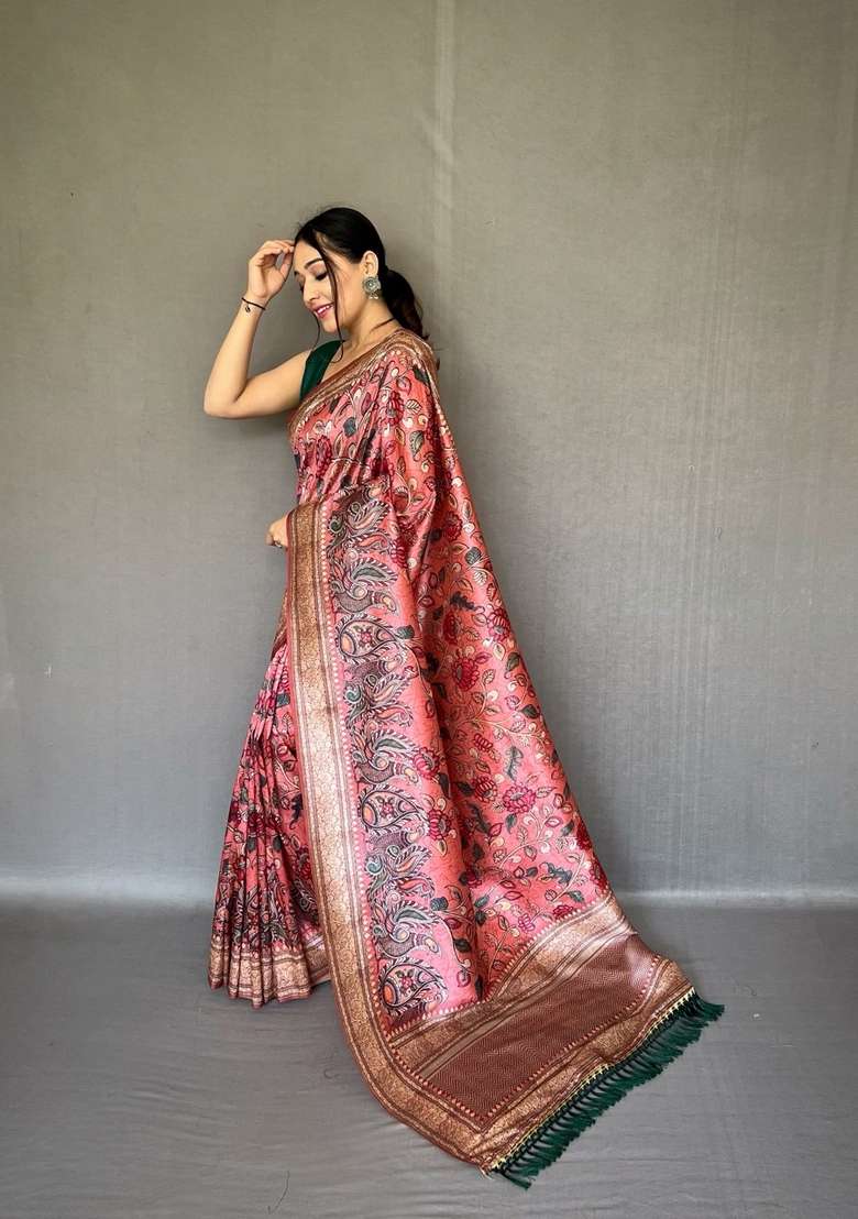 Baby Pink Zari Work Silk Blend Saree Set for Diwali and Festive Wear - Indya