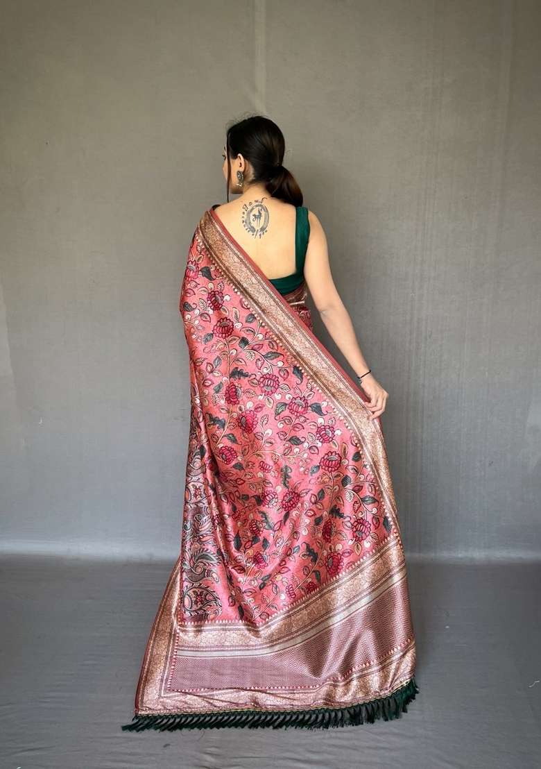 Baby Pink Zari Work Silk Blend Saree Set for Diwali and Festive Wear - Indya