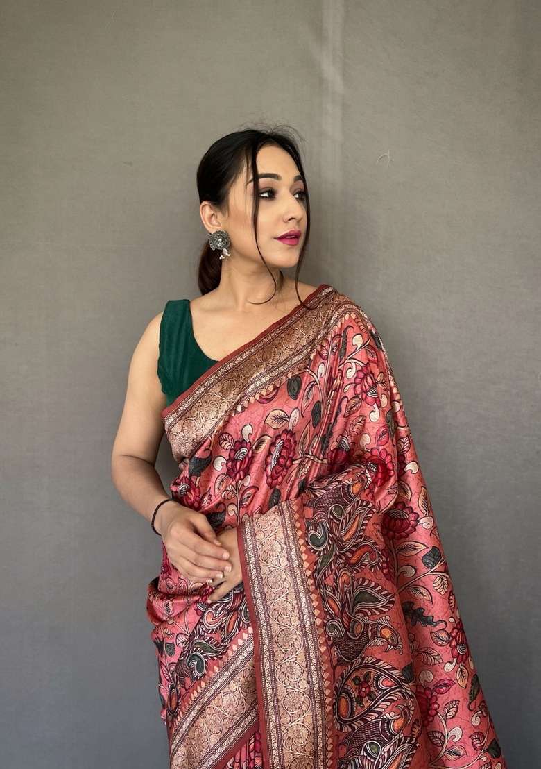 Baby Pink Zari Work Silk Blend Saree Set for Diwali and Festive Wear - Indya
