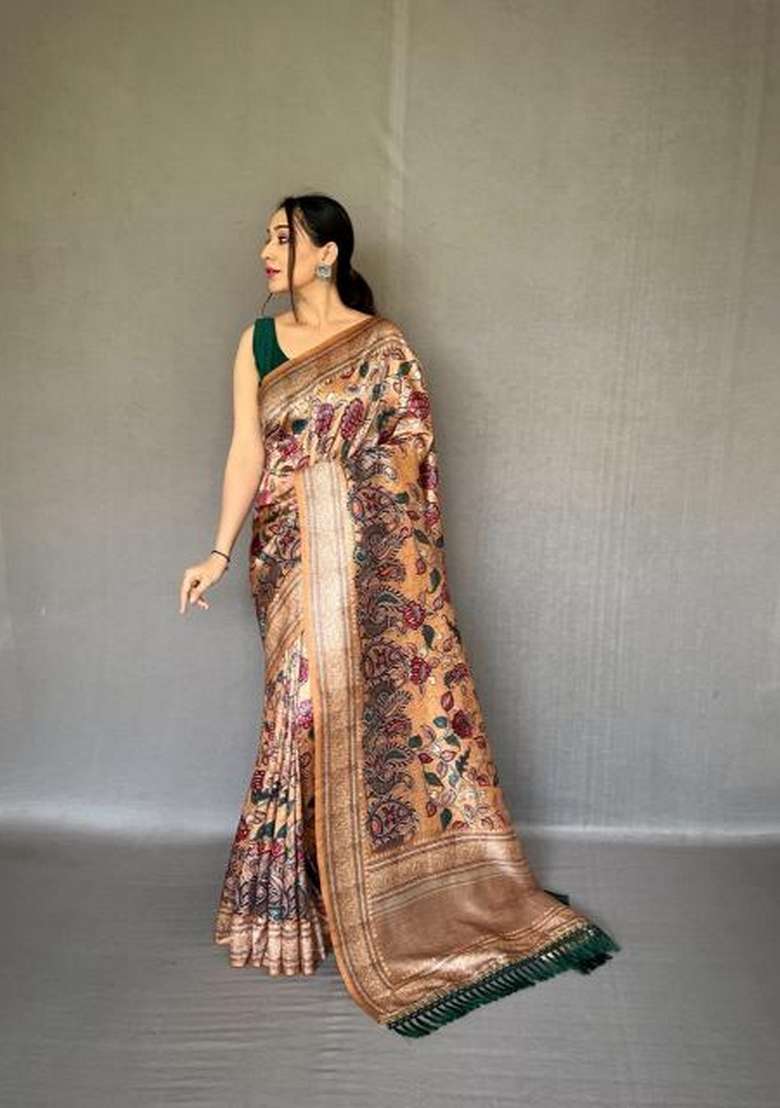 Cream Zari Work Silk Blend Saree Set for Diwali and Festive Wear - Indya