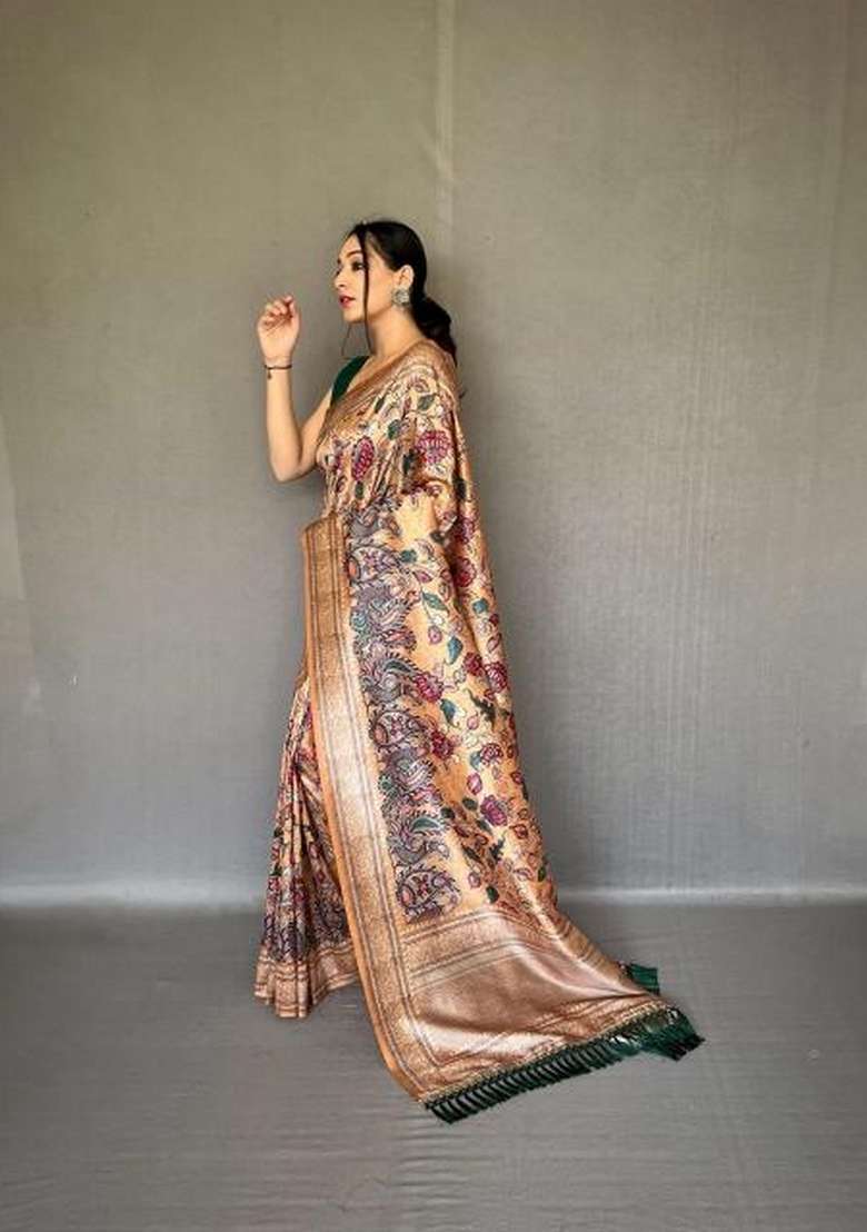 Cream Zari Work Silk Blend Saree Set for Diwali and Festive Wear - Indya