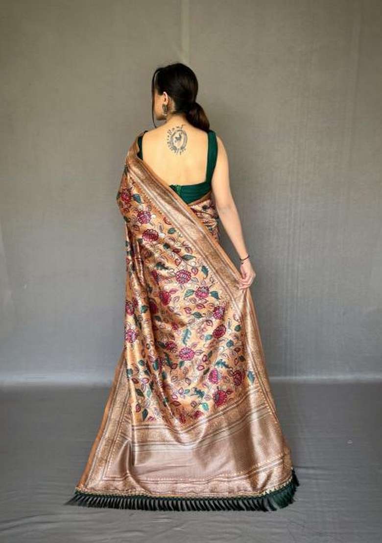 Cream Zari Work Silk Blend Saree Set for Diwali and Festive Wear - Indya