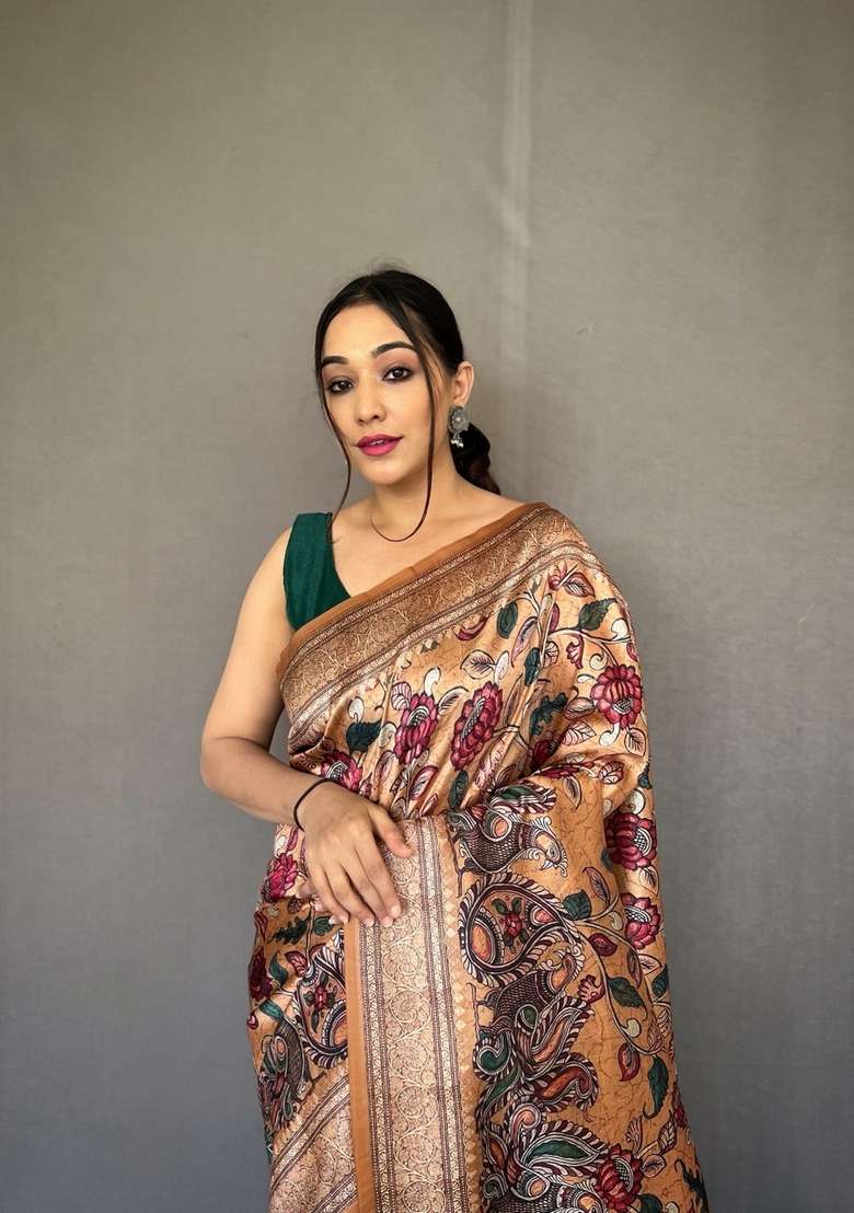Cream Zari Work Silk Blend Saree Set for Diwali and Festive Wear - Indya