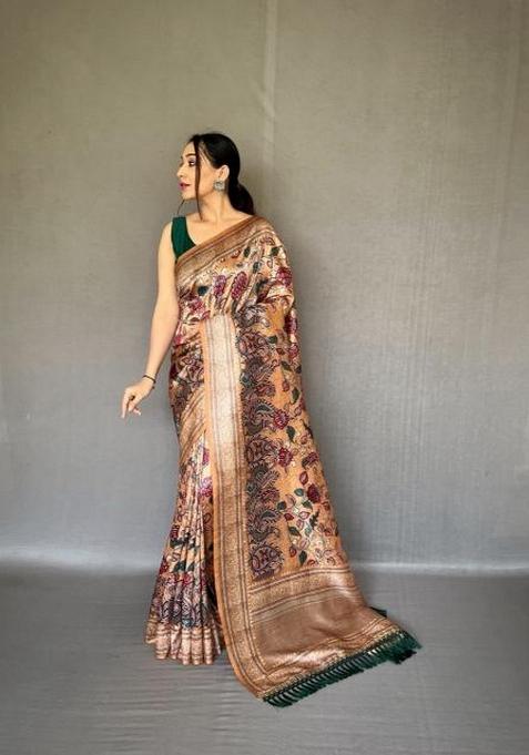 Cream Zari Work Silk Saree Set — view on Indya