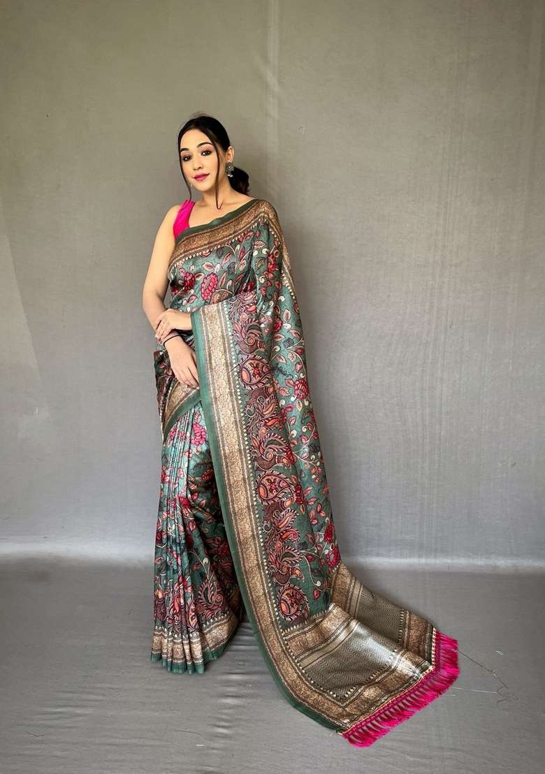 Green Silk Blend Saree Set with Zari Work for Diwali | Wedding & Festive Wear - Indya
