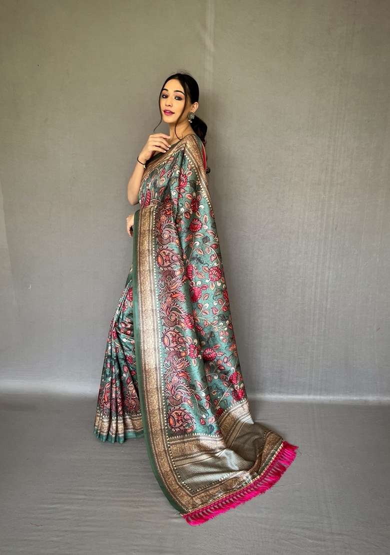 Green Silk Blend Saree Set with Zari Work for Diwali | Wedding & Festive Wear - Indya