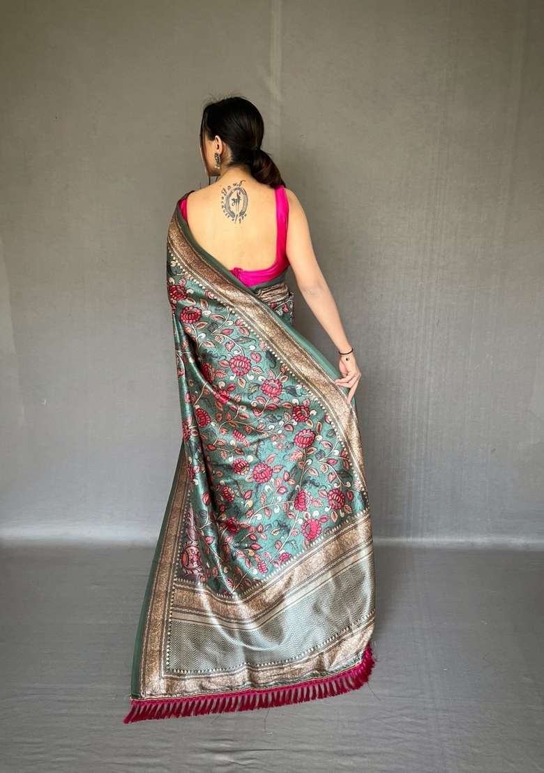 Green Silk Blend Saree Set with Zari Work for Diwali | Wedding & Festive Wear - Indya