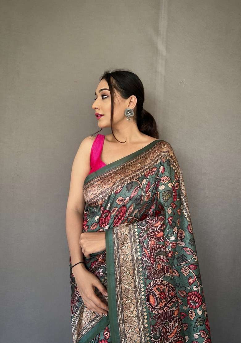 Green Silk Blend Saree Set with Zari Work for Diwali | Wedding & Festive Wear - Indya
