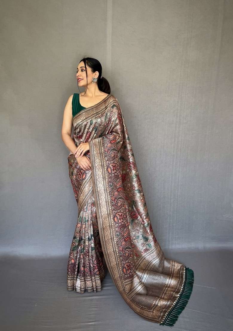 Grey Zari Work Silk Blend Saree Set for Diwali and Festive Wear - Indya