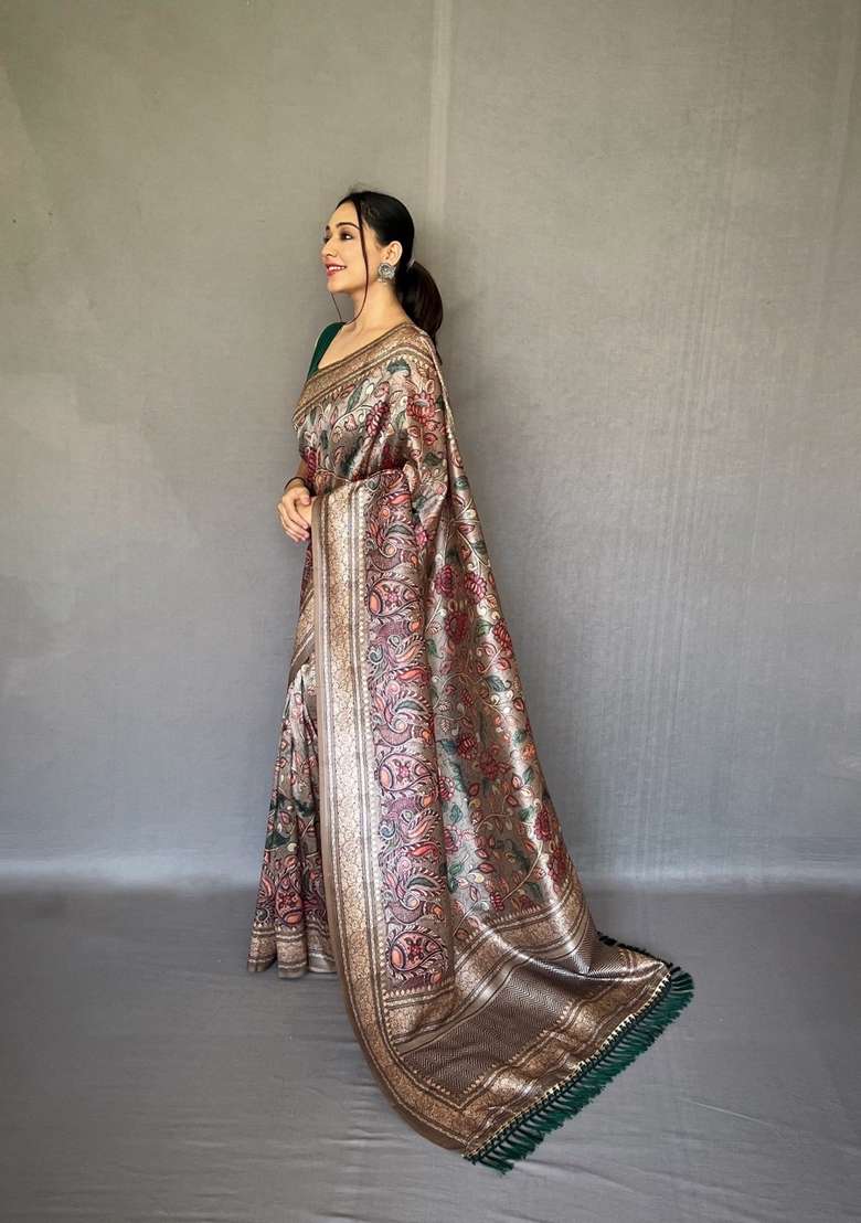 Grey Zari Work Silk Blend Saree Set for Diwali and Festive Wear - Indya