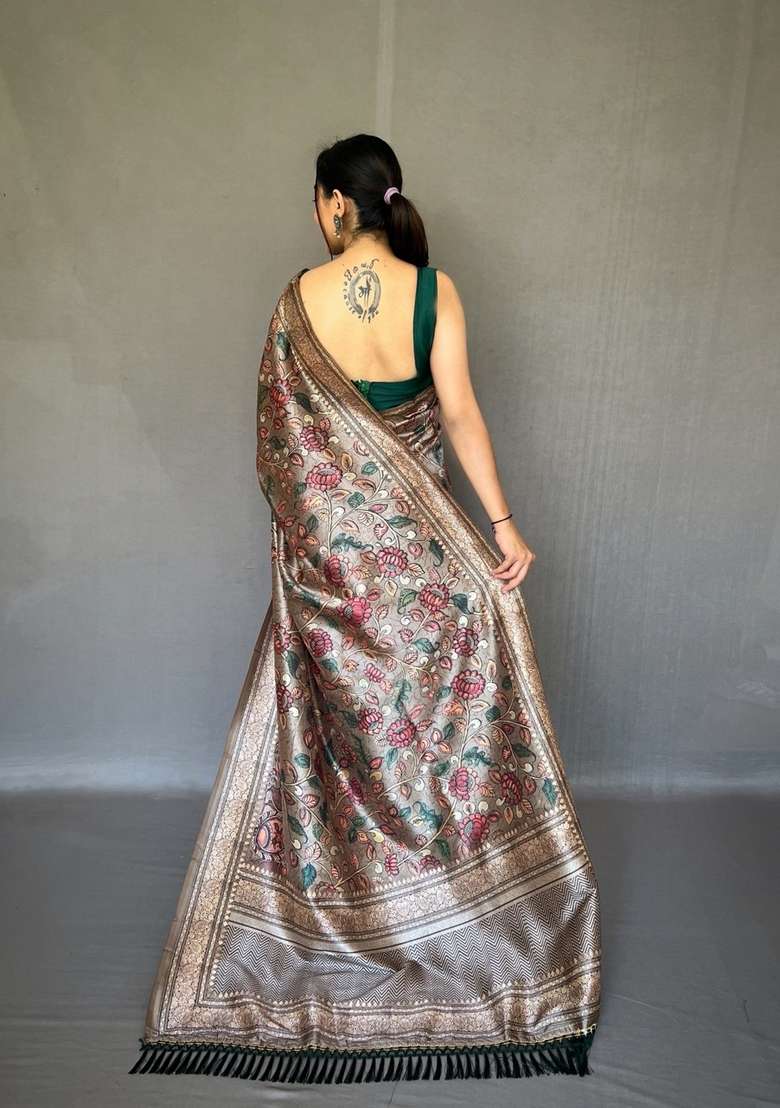 Grey Zari Work Silk Blend Saree Set for Diwali and Festive Wear - Indya