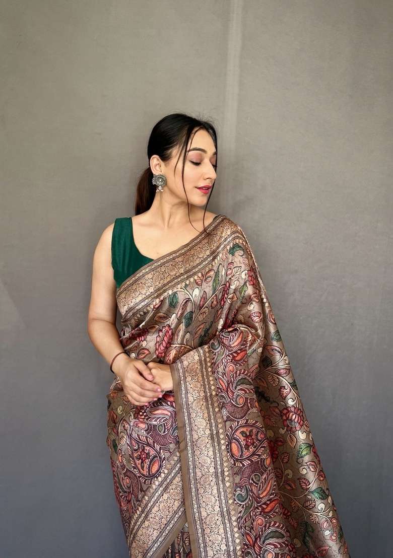 Grey Zari Work Silk Blend Saree Set for Diwali and Festive Wear - Indya