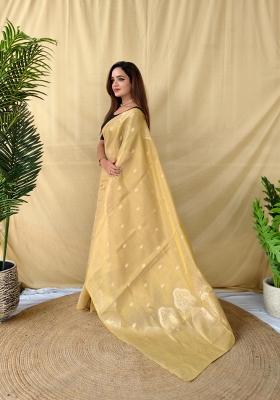 Cream Zari Work Silk Blend Saree Set