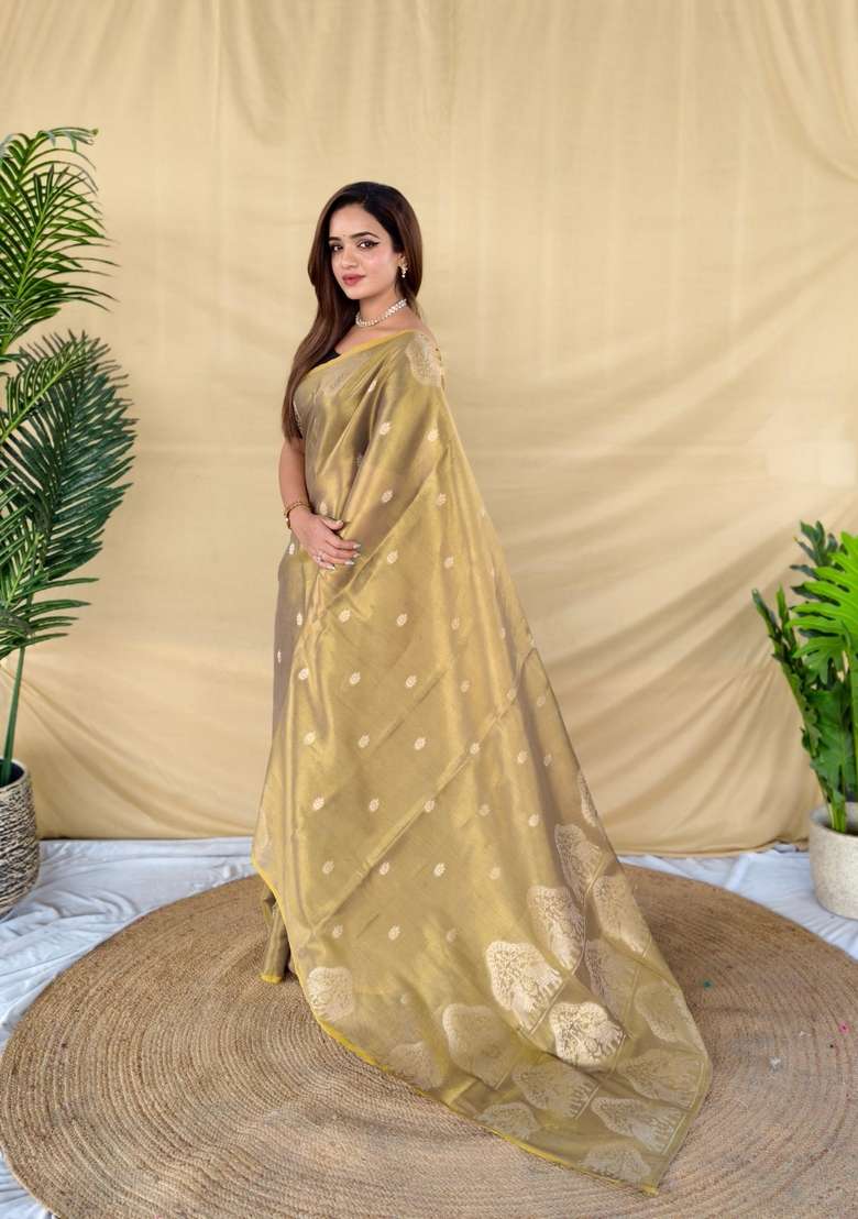 Golden Zari Work Silk Blend Saree Set for Diwali and Festive Wear - Indya