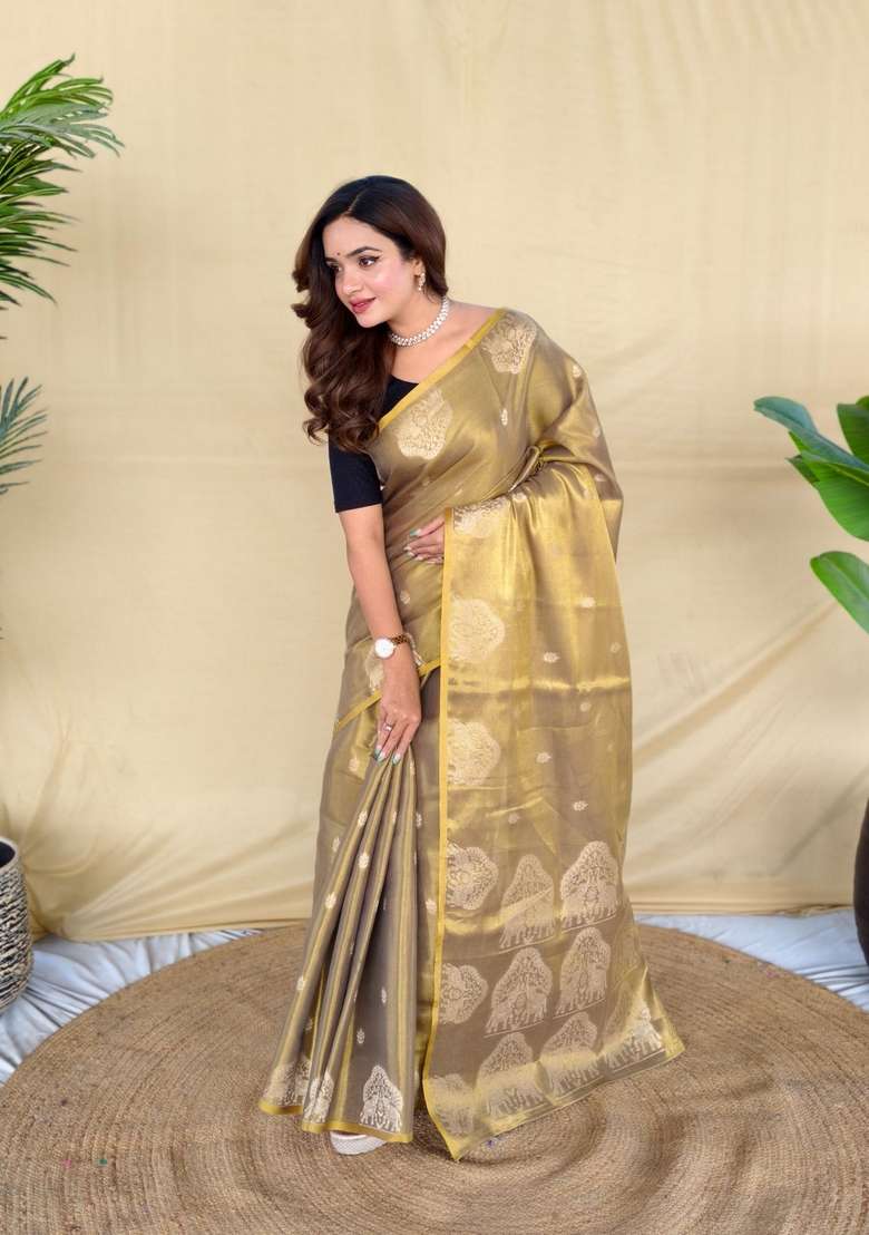 Golden Zari Work Silk Blend Saree Set for Diwali and Festive Wear - Indya
