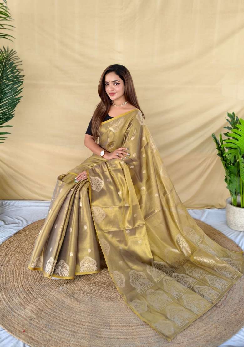Golden Zari Work Silk Blend Saree Set for Diwali and Festive Wear - Indya