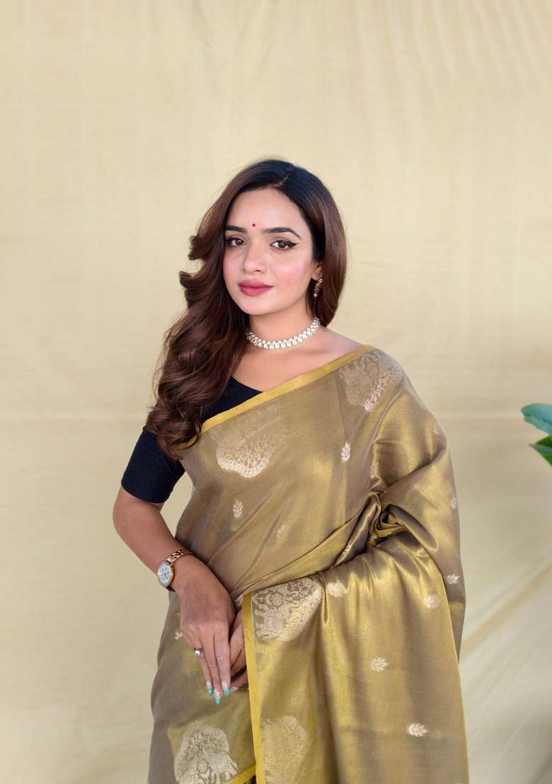 Golden Zari Work Silk Blend Saree Set for Diwali and Festive Wear - Indya