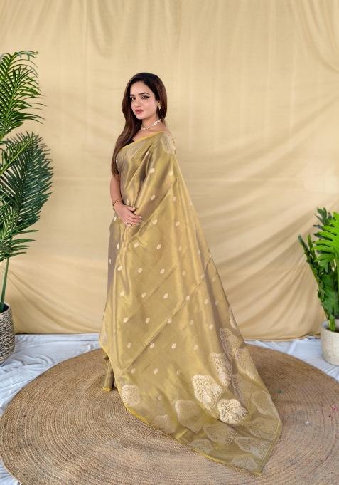 Golden Zari Work Silk Saree Set — view on Indya