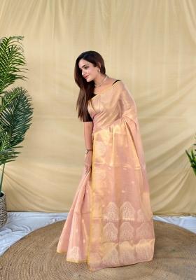 Light Peach Zari Work Silk Blend Saree Set
