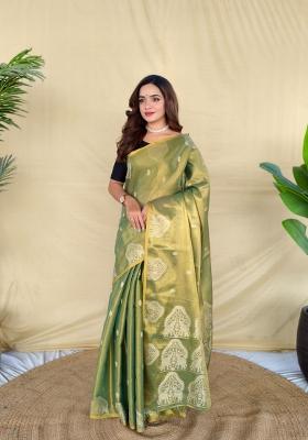 Mehendi Zari Work Silk Blend Saree Set