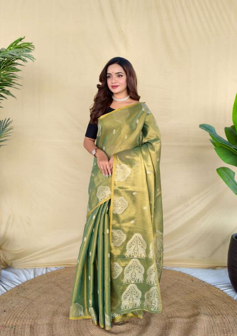 Mehendi Silk Blend Saree Set with Zari Work for Diwali | Wedding & Festive Wear - Indya