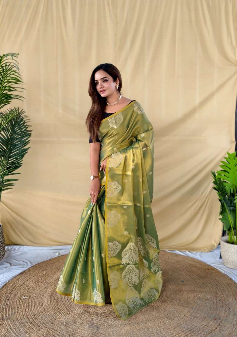 Mehendi Silk Blend Saree Set with Zari Work for Diwali | Wedding & Festive Wear - Indya