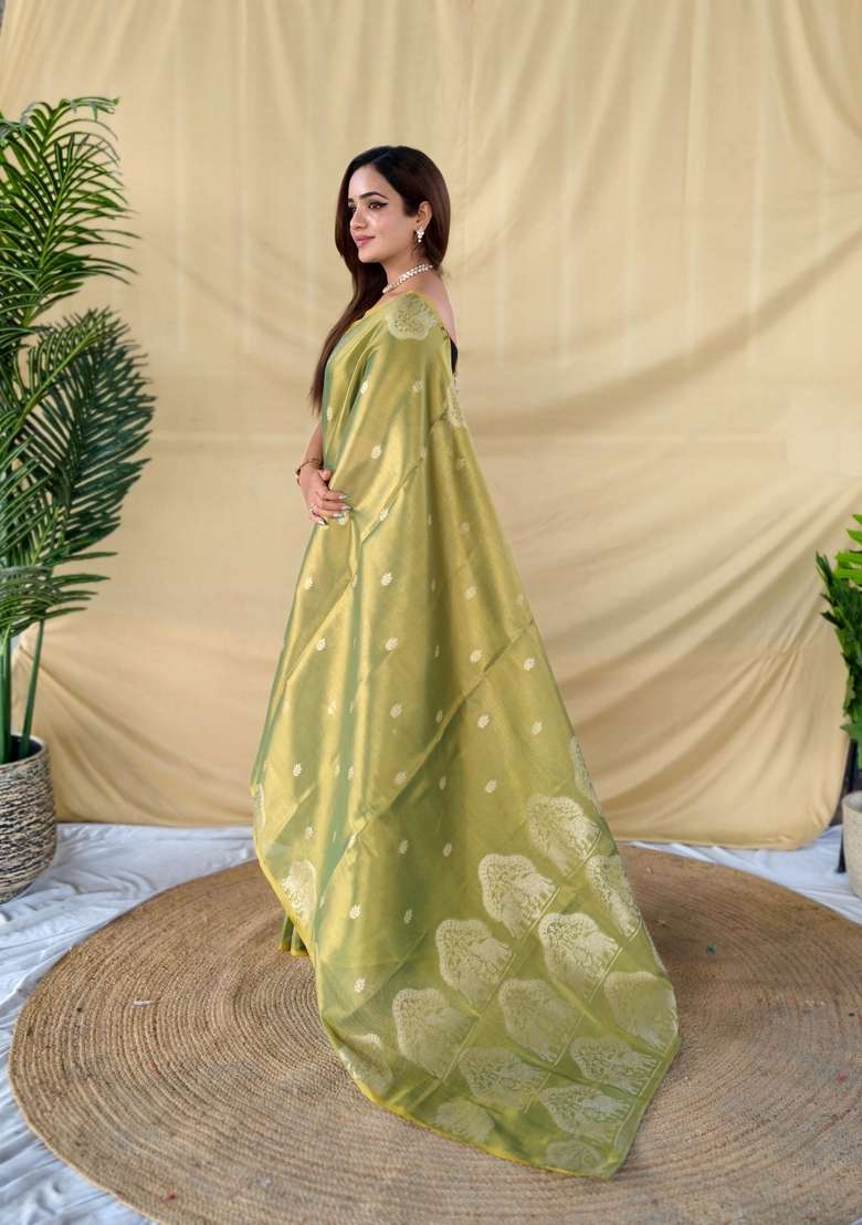 Mehendi Silk Blend Saree Set with Zari Work for Diwali | Wedding & Festive Wear - Indya