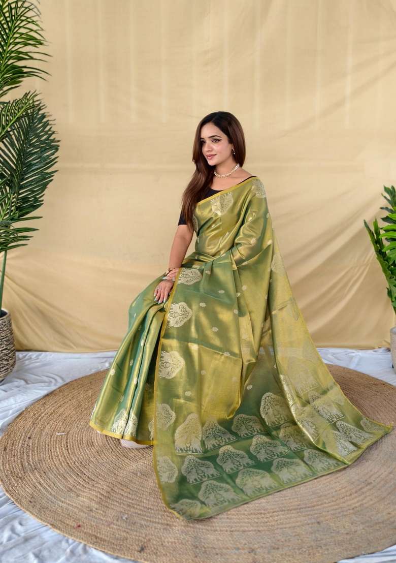 Mehendi Silk Blend Saree Set with Zari Work for Diwali | Wedding & Festive Wear - Indya