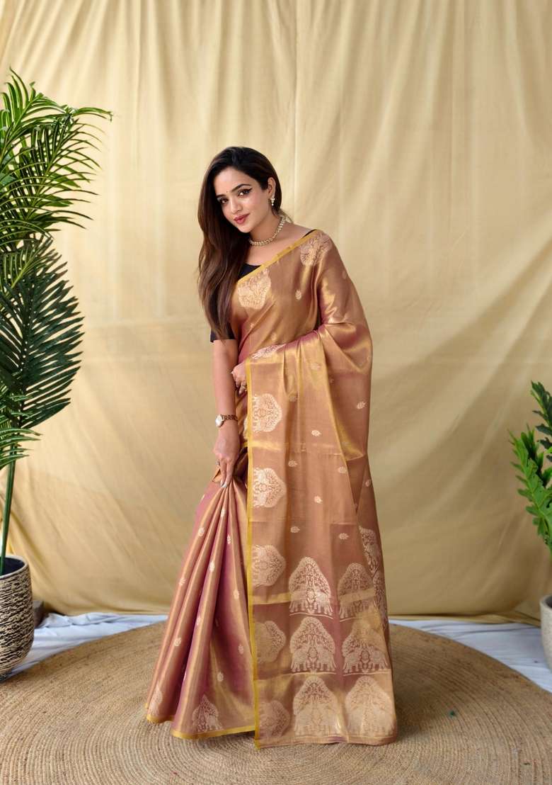 Peach Zari Work Silk Blend Saree Set for Diwali and Festive Wear - Indya