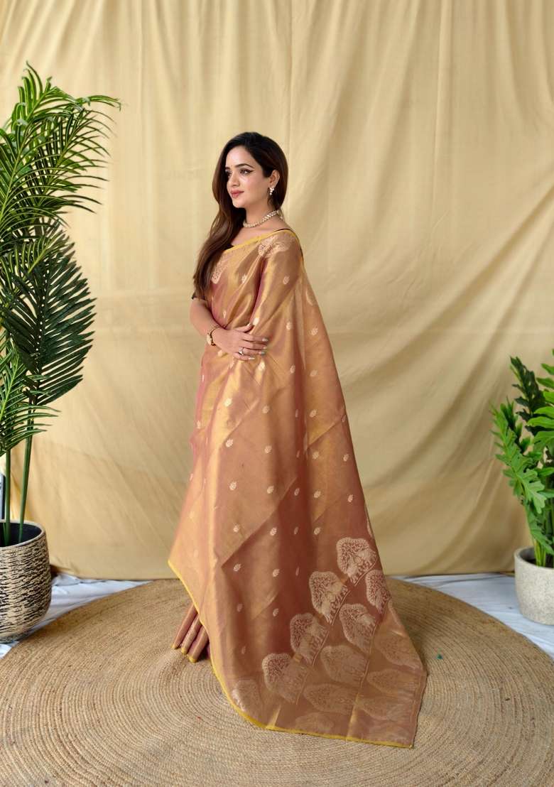 Peach Zari Work Silk Blend Saree Set for Diwali and Festive Wear - Indya