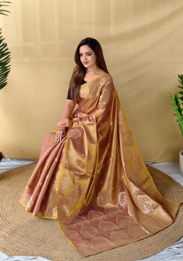 Peach Zari Work Silk Blend Saree Set for Diwali and Festive Wear - Indya