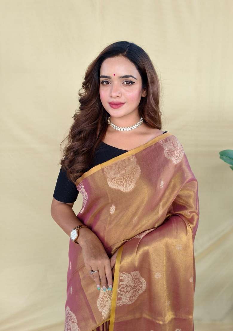 Peach Zari Work Silk Blend Saree Set for Diwali and Festive Wear - Indya