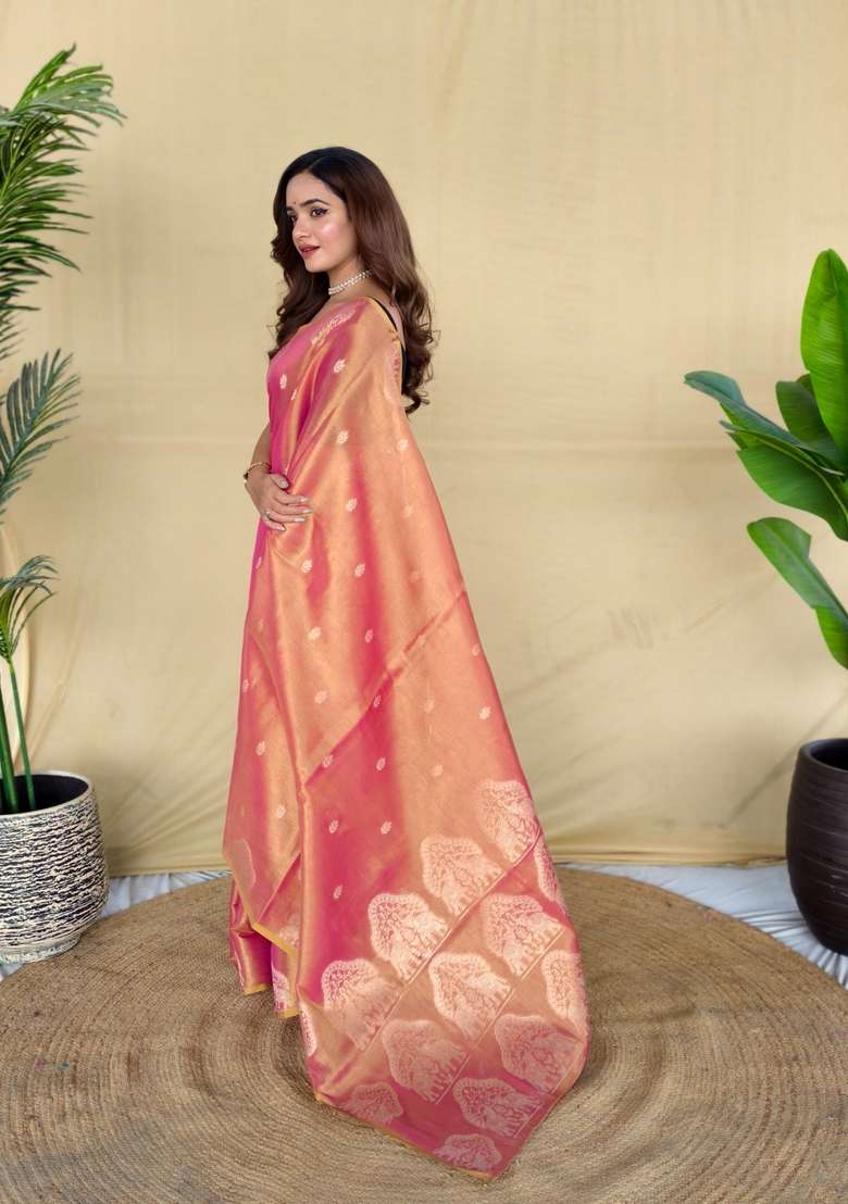 Pink Zari Work Silk Blend Saree Set for Diwali and Festive Wear - Indya
