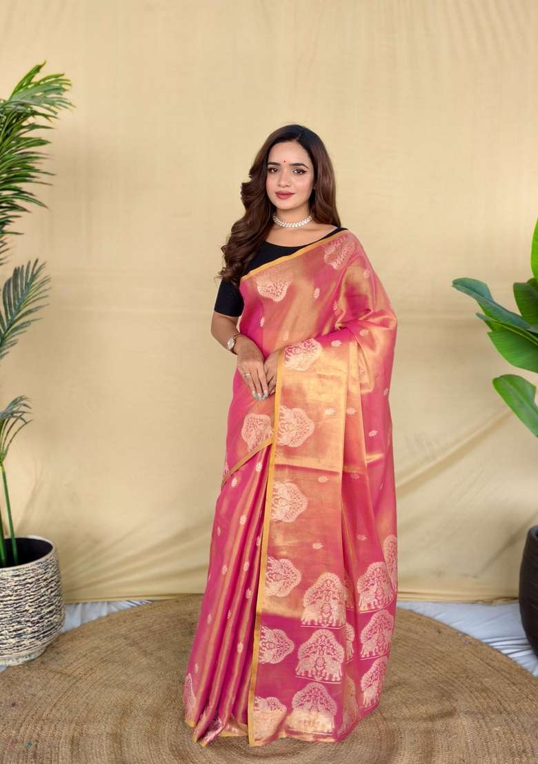 Pink Zari Work Silk Blend Saree Set for Diwali and Festive Wear - Indya