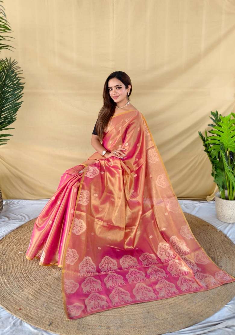 Pink Zari Work Silk Blend Saree Set for Diwali and Festive Wear - Indya