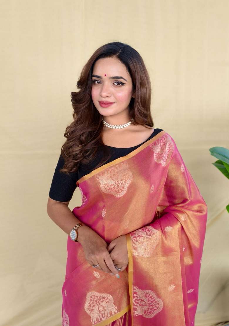 Pink Zari Work Silk Blend Saree Set for Diwali and Festive Wear - Indya