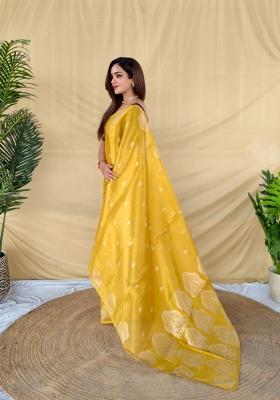 Yellow Zari Work Silk Blend Saree Set