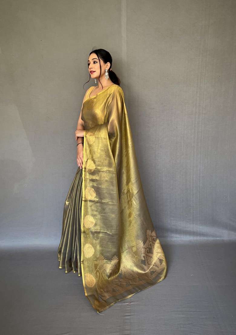 Golden Silk Blend Saree Set with Zari Work for Diwali | Wedding & Festive Wear - Indya