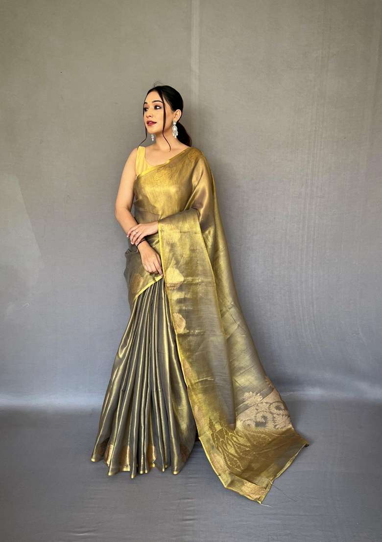 Golden Silk Blend Saree Set with Zari Work for Diwali | Wedding & Festive Wear - Indya