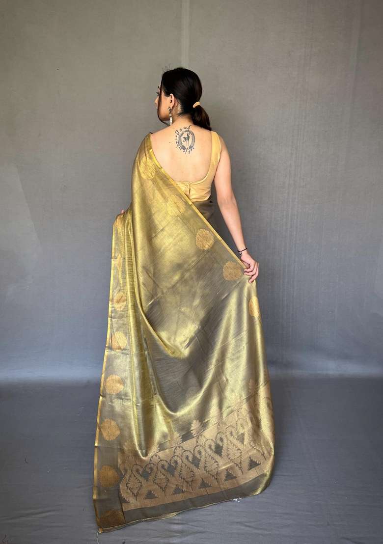 Golden Silk Blend Saree Set with Zari Work for Diwali | Wedding & Festive Wear - Indya