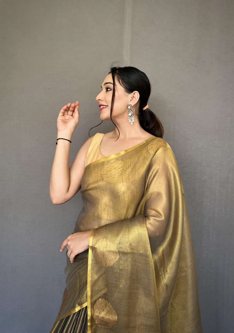 Golden Silk Blend Saree Set with Zari Work for Diwali | Wedding & Festive Wear - Indya
