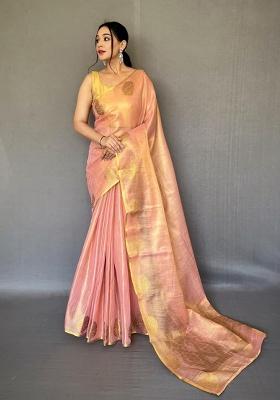 Light Peach Zari Work Silk Blend Saree Set