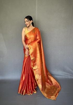 Orange Zari Work Silk Blend Saree Set