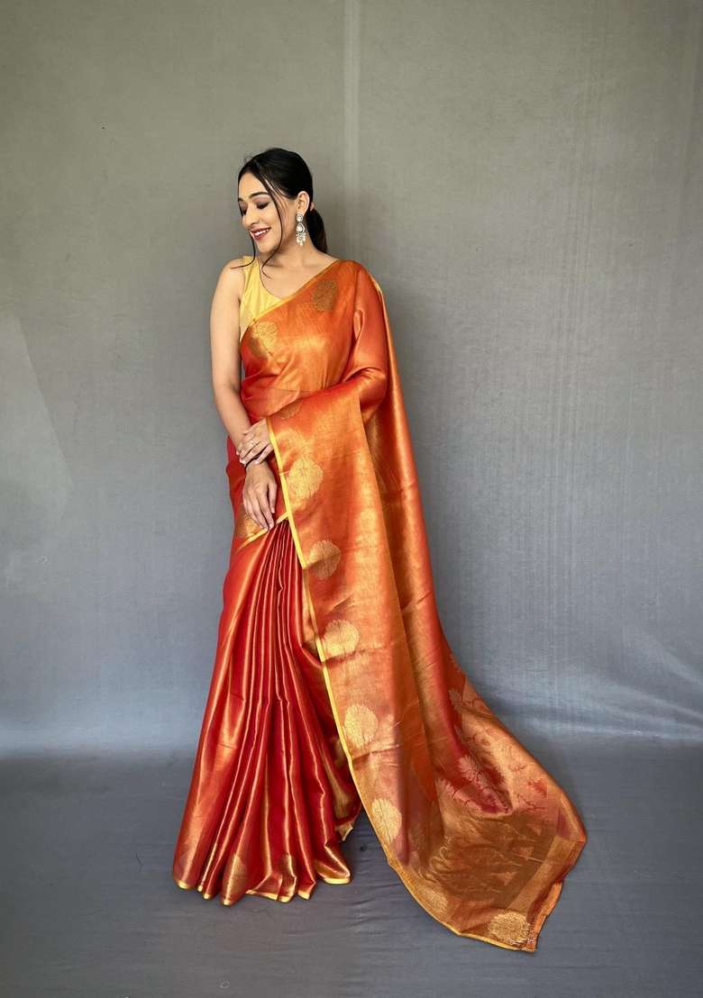 Orange Zari Work Silk Blend Saree Set for Diwali and Festive Wear - Indya