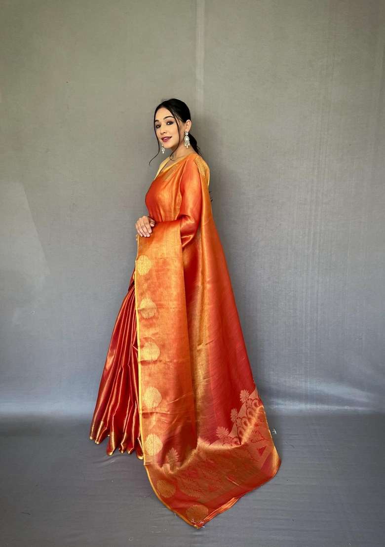 Orange Zari Work Silk Blend Saree Set for Diwali and Festive Wear - Indya